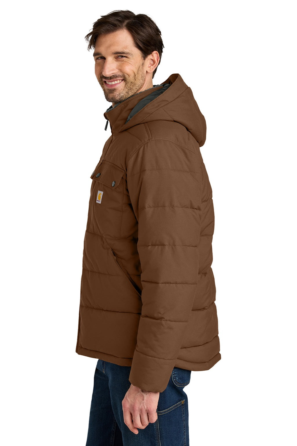 Carhartt CT107082 Mens Montana Insulated Full Zip Hooded Jacket Red Duck Brown Model Side