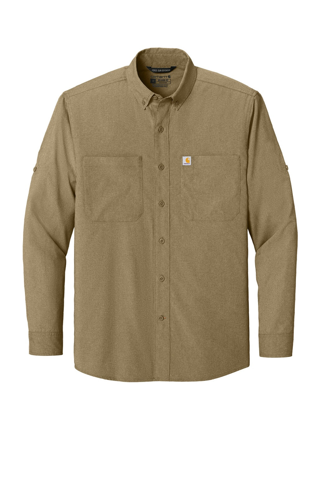 Carhartt CT107106 Mens Force Sun Defender Moisture Wicking Long Sleeve Button Down Shirt w/ Double Pockets Dark Khaki Brown Flat Front