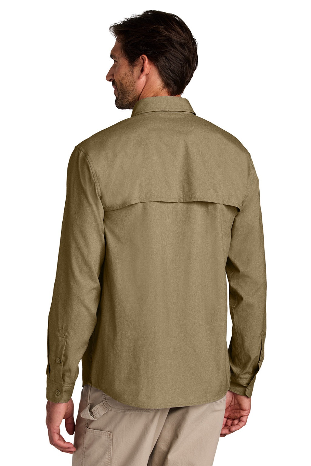 Carhartt CT107106 Mens Force Sun Defender Moisture Wicking Long Sleeve Button Down Shirt w/ Double Pockets Dark Khaki Brown Model Back
