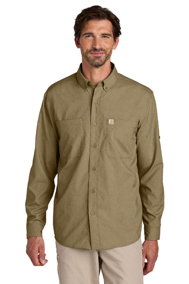 Carhartt CT107106 Mens Force Sun Defender Moisture Wicking Long Sleeve Button Down Shirt w/ Double Pockets Dark Khaki Brown Model Front