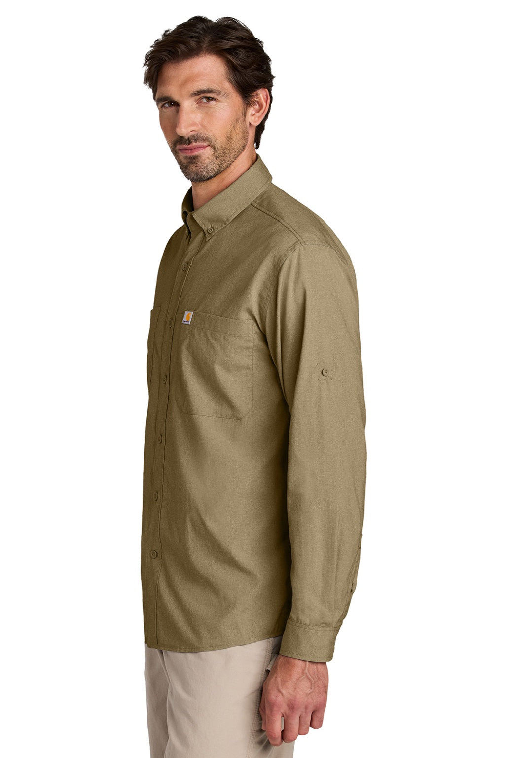 Carhartt CT107106 Mens Force Sun Defender Moisture Wicking Long Sleeve Button Down Shirt w/ Double Pockets Dark Khaki Brown Model Side