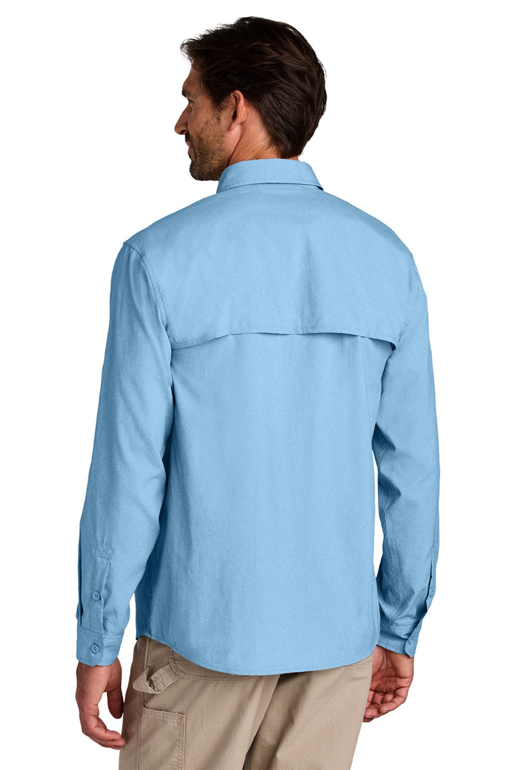 Carhartt CT107106 Mens Force Sun Defender Moisture Wicking Long Sleeve Button Down Shirt w/ Double Pockets Fresh Water Blue Model Back