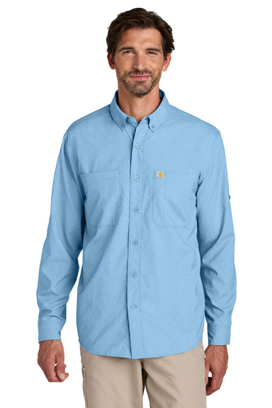 Carhartt CT107106 Mens Force Sun Defender Moisture Wicking Long Sleeve Button Down Shirt w/ Double Pockets Fresh Water Blue Model Front