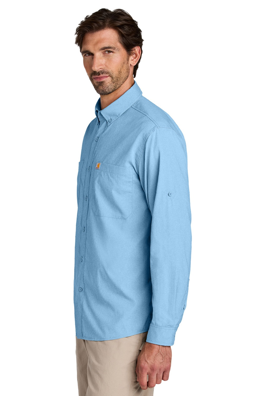 Carhartt CT107106 Mens Force Sun Defender Moisture Wicking Long Sleeve Button Down Shirt w/ Double Pockets Fresh Water Blue Model Side