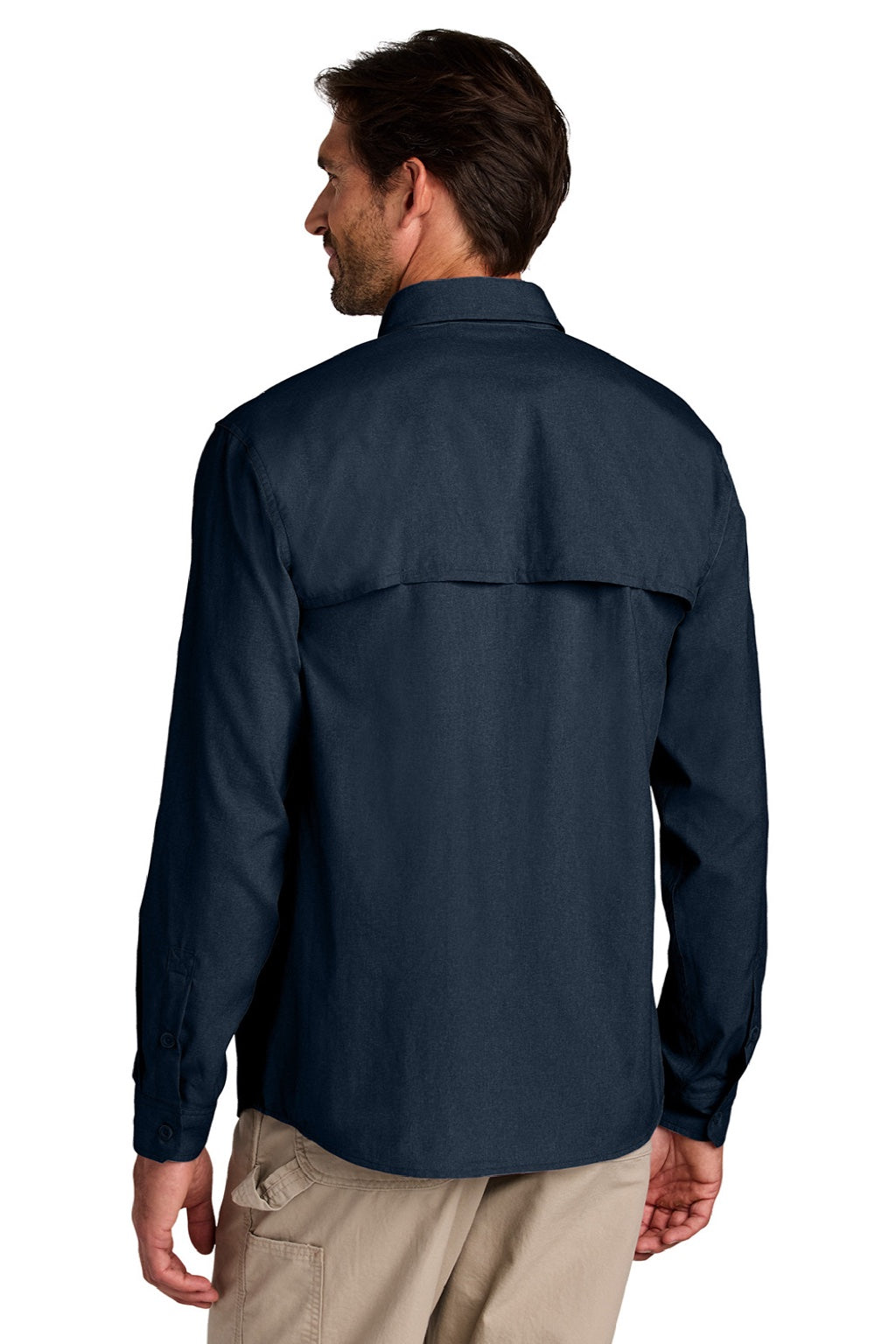 Carhartt CT107106 Mens Force Sun Defender Moisture Wicking Long Sleeve Button Down Shirt w/ Double Pockets Navy Blue Model Back