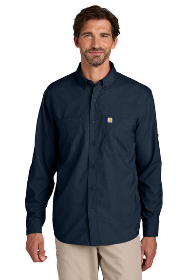 Carhartt CT107106 Mens Force Sun Defender Moisture Wicking Long Sleeve Button Down Shirt w/ Double Pockets Navy Blue Model Front