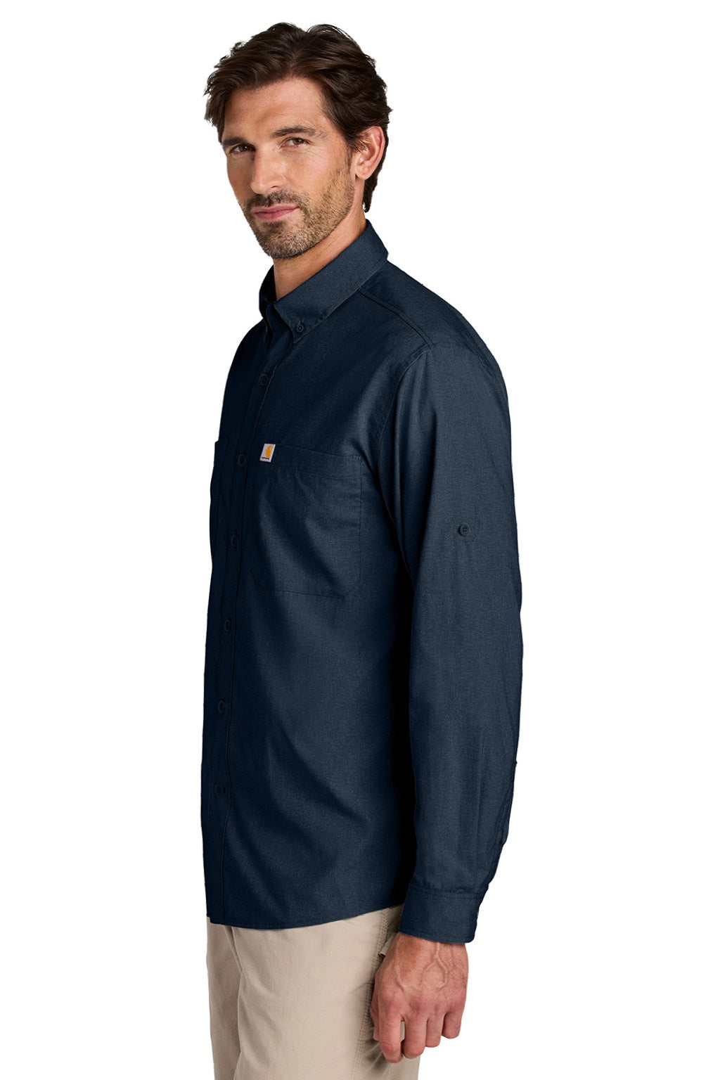 Carhartt CT107106 Mens Force Sun Defender Moisture Wicking Long Sleeve Button Down Shirt w/ Double Pockets Navy Blue Model Side