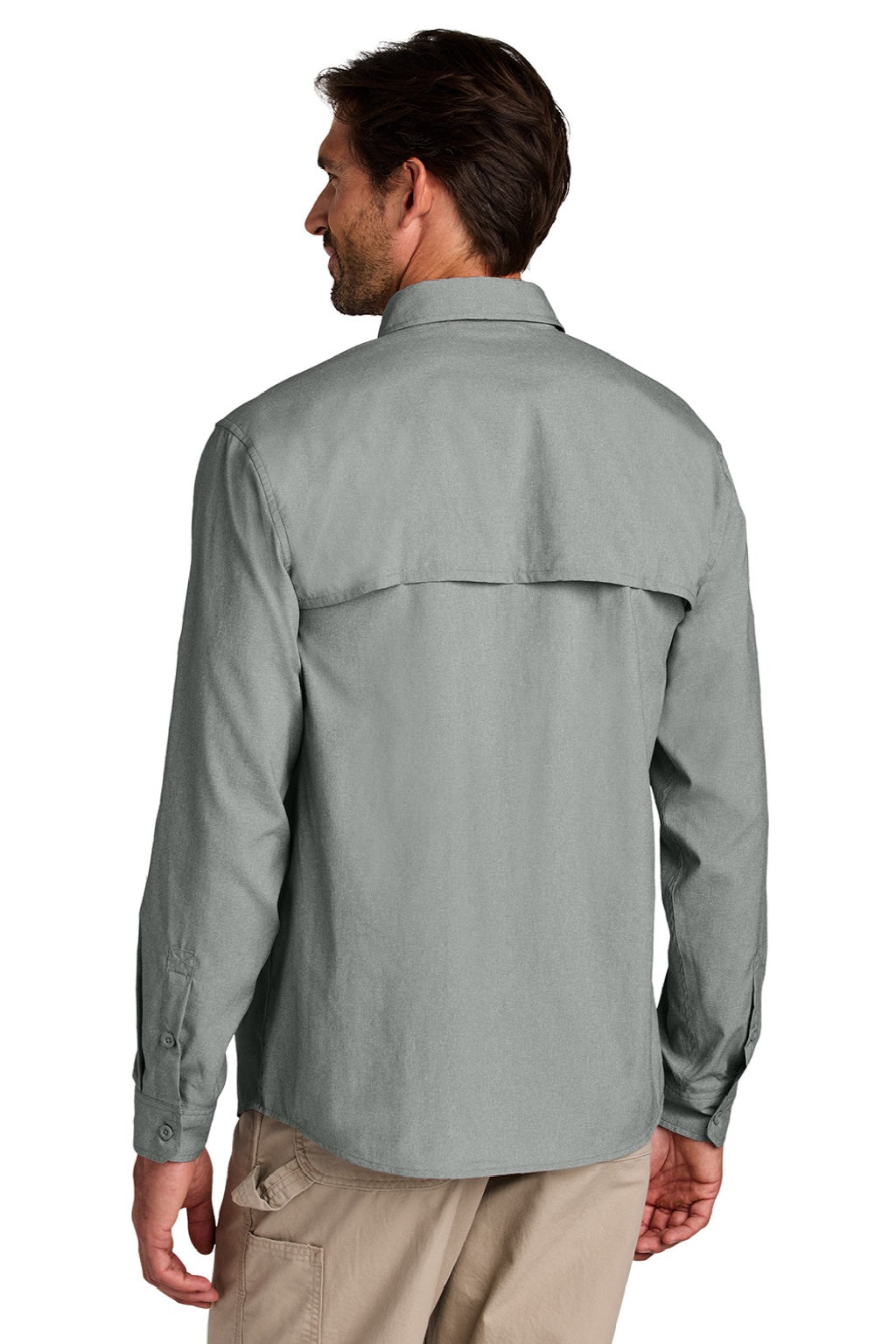 Carhartt CT107106 Mens Force Sun Defender Moisture Wicking Long Sleeve Button Down Shirt w/ Double Pockets Steel Grey Model Back