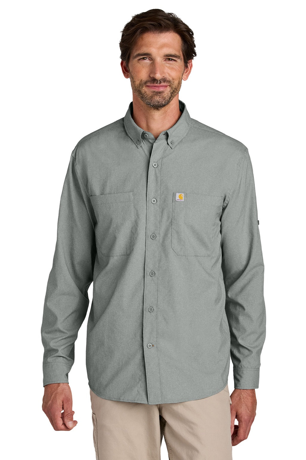 Carhartt CT107106 Mens Force Sun Defender Moisture Wicking Long Sleeve Button Down Shirt w/ Double Pockets Steel Grey Model Front
