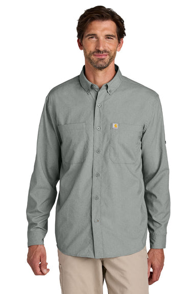 Carhartt CT107106 Mens Force Sun Defender Moisture Wicking Long Sleeve Button Down Shirt w/ Double Pockets Steel Grey Model Front