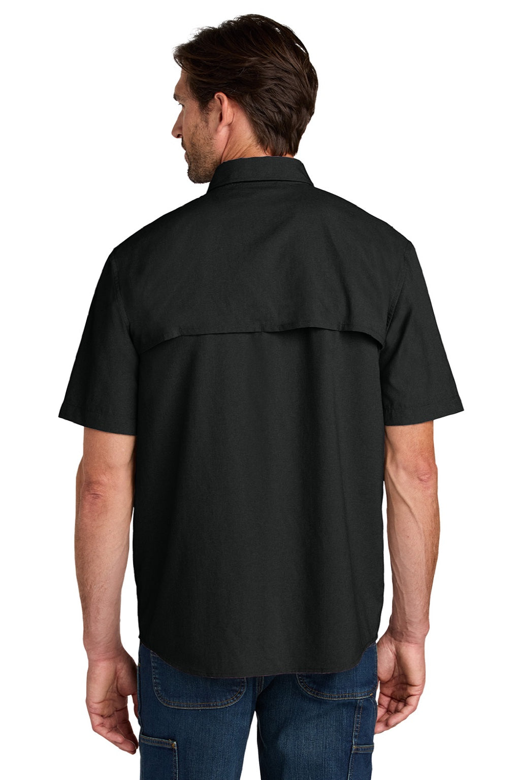 Carhartt CT107107 Mens Force Sun Defender Moisture Wicking Short Sleeve Button Down Shirt w/ Double Pockets Black Model Back