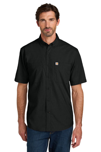 Carhartt CT107107 Mens Force Sun Defender Moisture Wicking Short Sleeve Button Down Shirt w/ Double Pockets Black Model Front