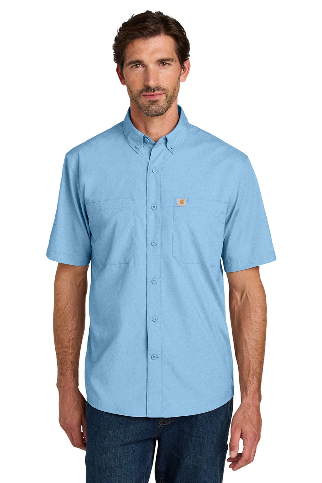 Carhartt CT107107 Mens Force Sun Defender Moisture Wicking Short Sleeve Button Down Shirt w/ Double Pockets Fresh Water Blue Model Front