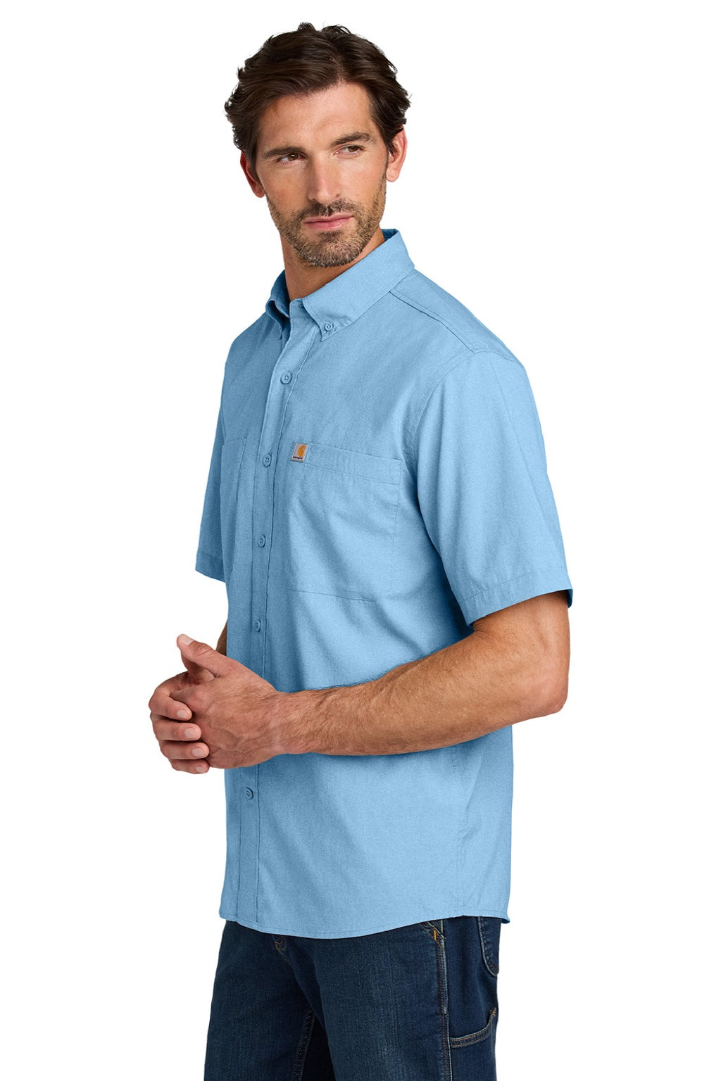 Carhartt CT107107 Mens Force Sun Defender Moisture Wicking Short Sleeve Button Down Shirt w/ Double Pockets Fresh Water Blue Model Side