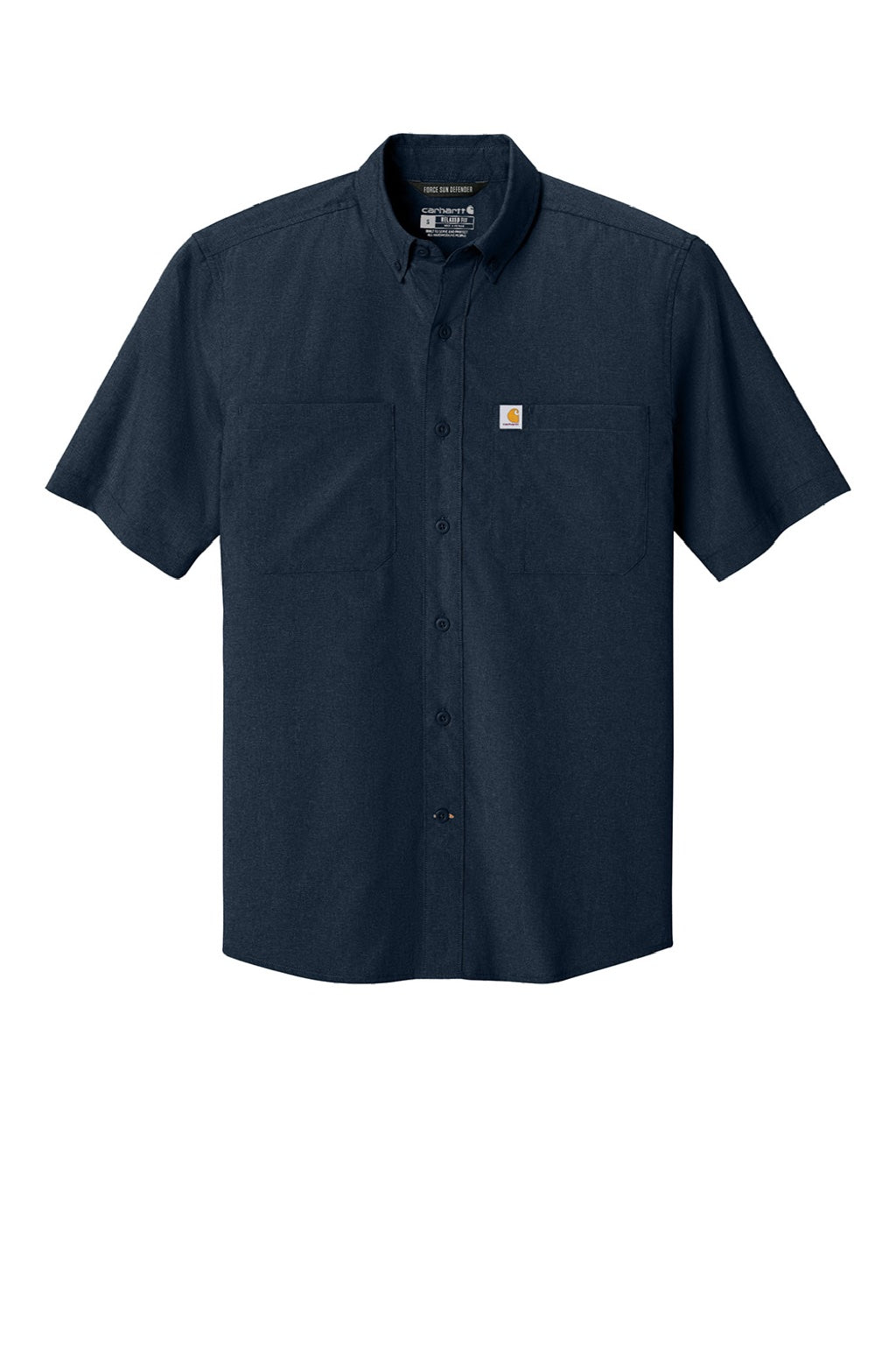 Carhartt CT107107 Mens Force Sun Defender Moisture Wicking Short Sleeve Button Down Shirt w/ Double Pockets Navy Blue Flat Front