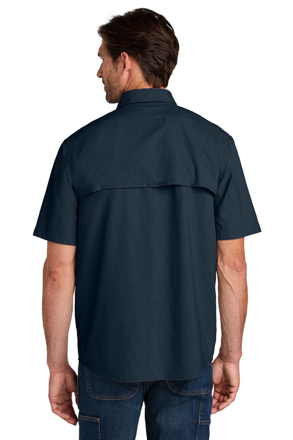 Carhartt CT107107 Mens Force Sun Defender Moisture Wicking Short Sleeve Button Down Shirt w/ Double Pockets Navy Blue Model Back