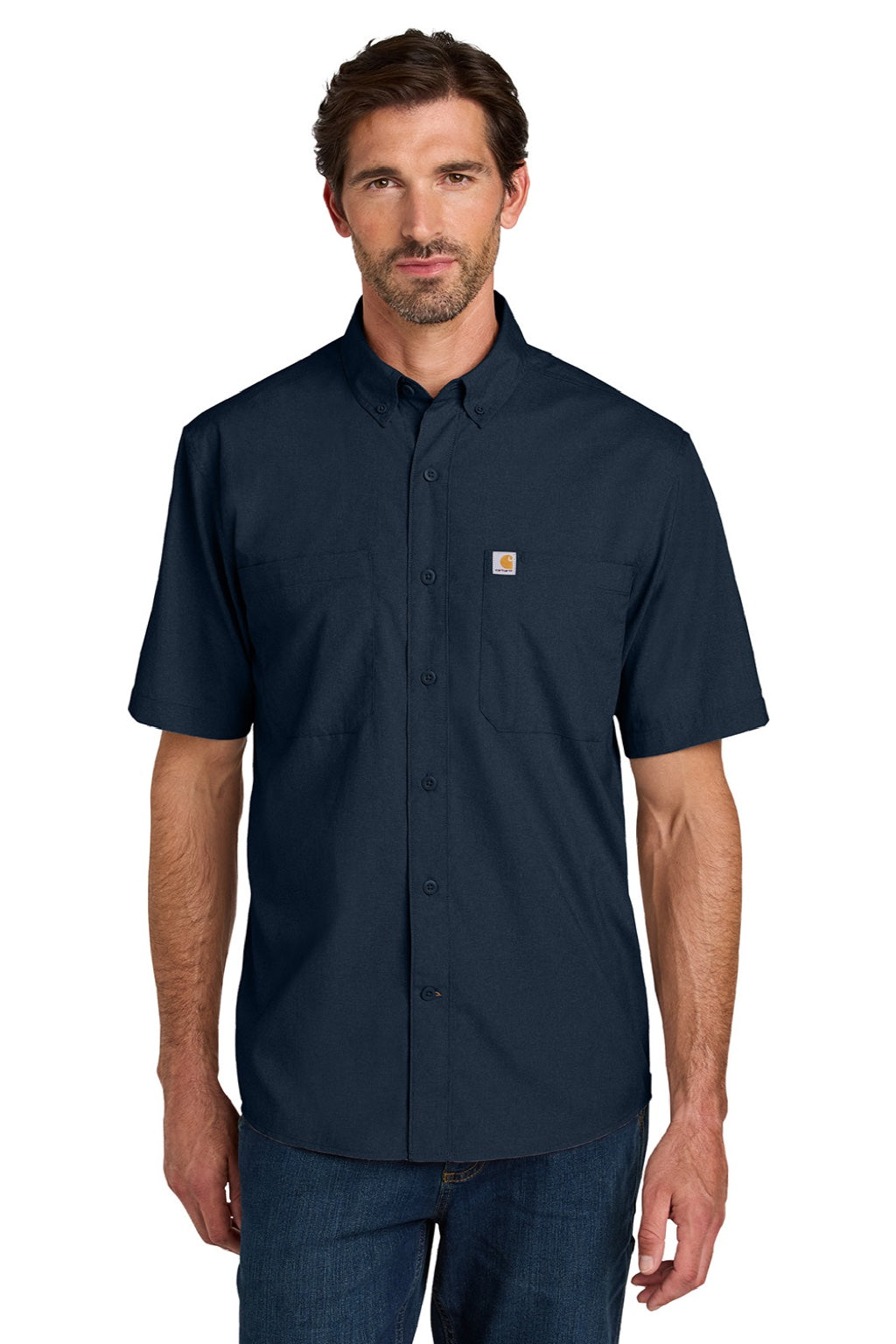 Carhartt CT107107 Mens Force Sun Defender Moisture Wicking Short Sleeve Button Down Shirt w/ Double Pockets Navy Blue Model Front