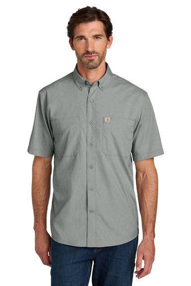 Carhartt CT107107 Mens Force Sun Defender Moisture Wicking Short Sleeve Button Down Shirt w/ Double Pockets Steel Grey Model Front