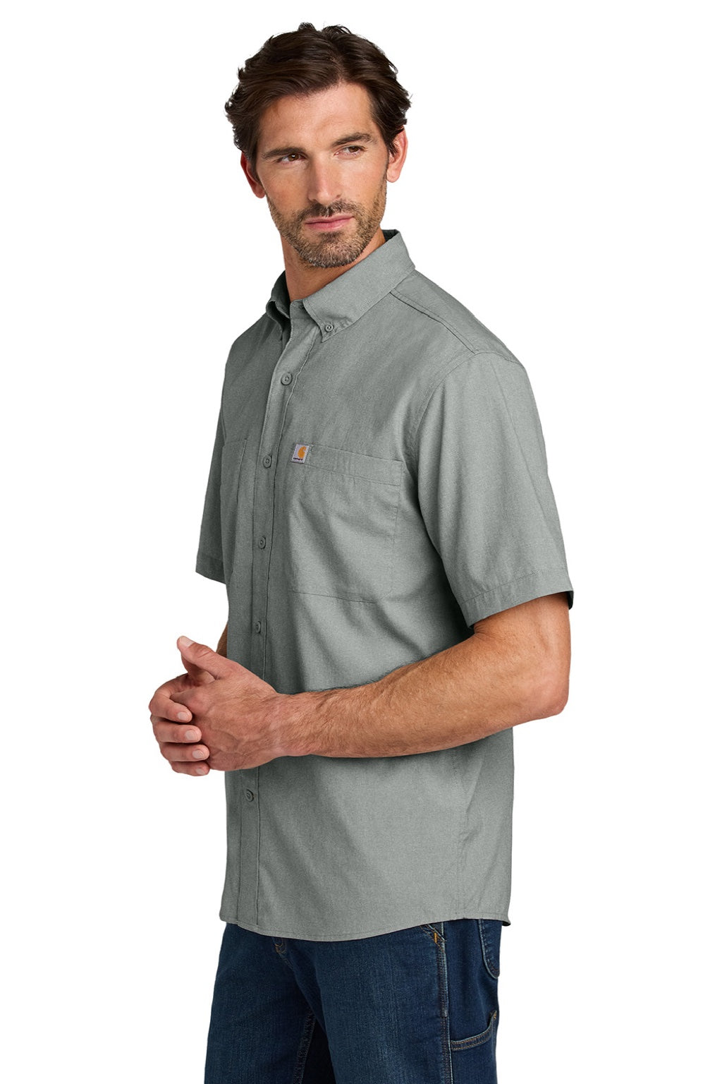 Carhartt CT107107 Mens Force Sun Defender Moisture Wicking Short Sleeve Button Down Shirt w/ Double Pockets Steel Grey Model Side