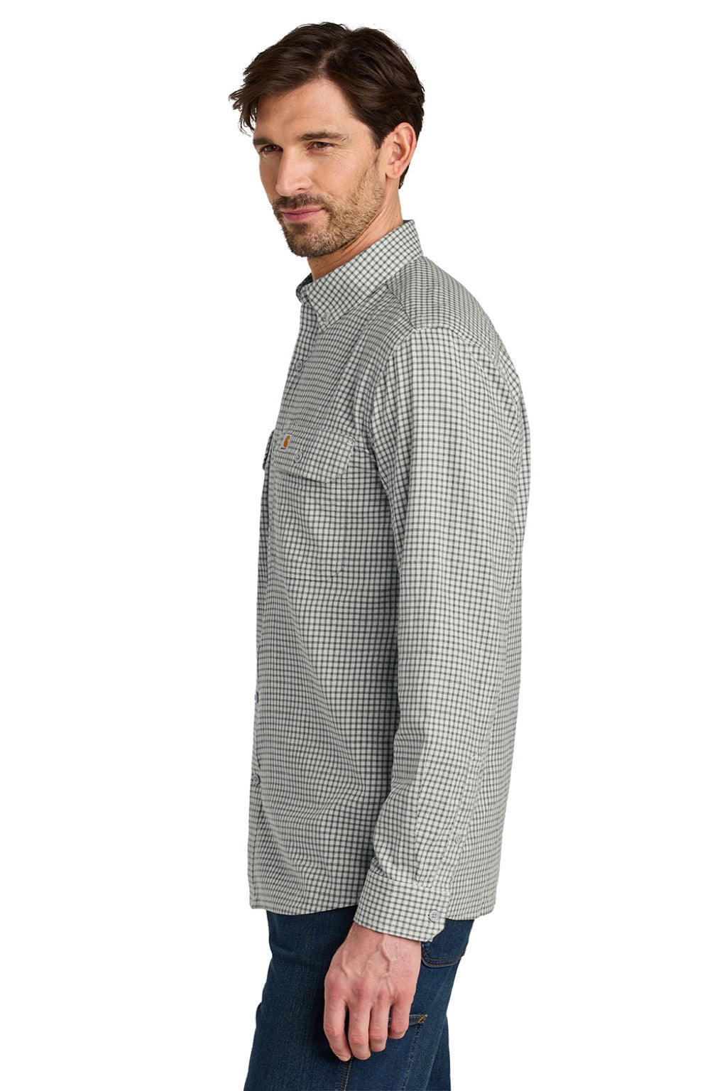 Carhartt CT107109 Mens Rugged Flex Plaid Long Sleeve Button Down Shirt Check Steel Malt Model Side