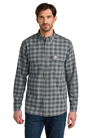Carhartt CT107109 Mens Rugged Flex Plaid Long Sleeve Button Down Shirt Plaid Steel Navy Blue Model Front