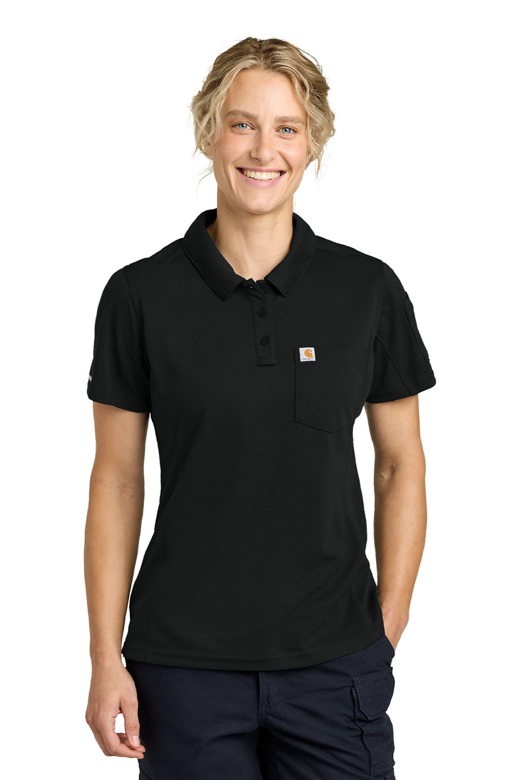 Carhartt CTC12119 Womens FLD & RSCU Short Sleeve Polo Shirt w/ Pocket Black Model Front