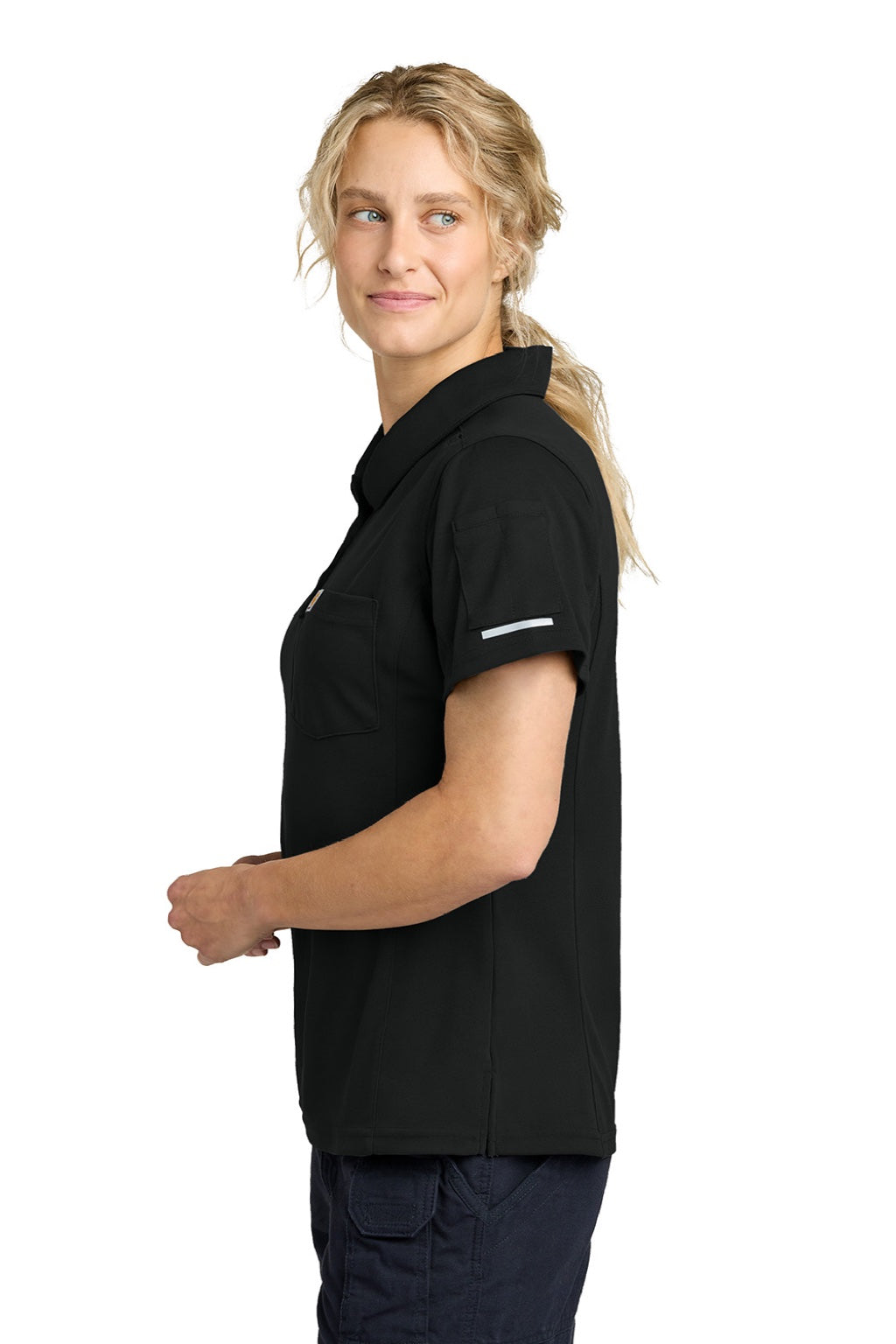 Carhartt CTC12119 Womens FLD & RSCU Short Sleeve Polo Shirt w/ Pocket Black Model Side