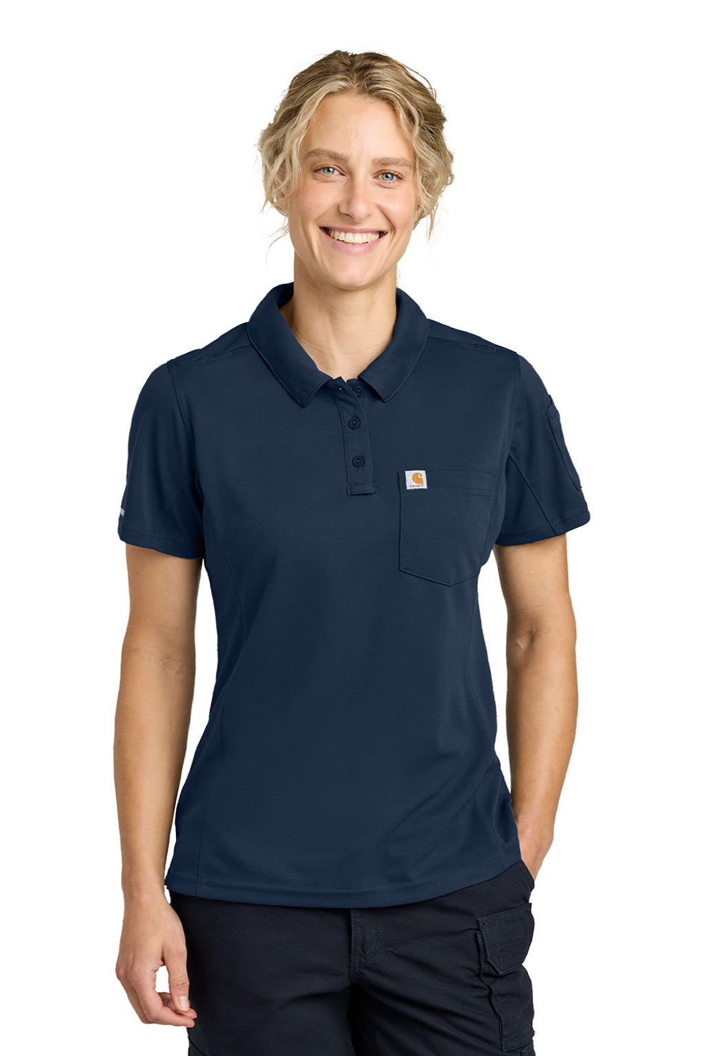 Carhartt CTC12119 Womens FLD & RSCU Short Sleeve Polo Shirt w/ Pocket Dark Navy Blue Model Front