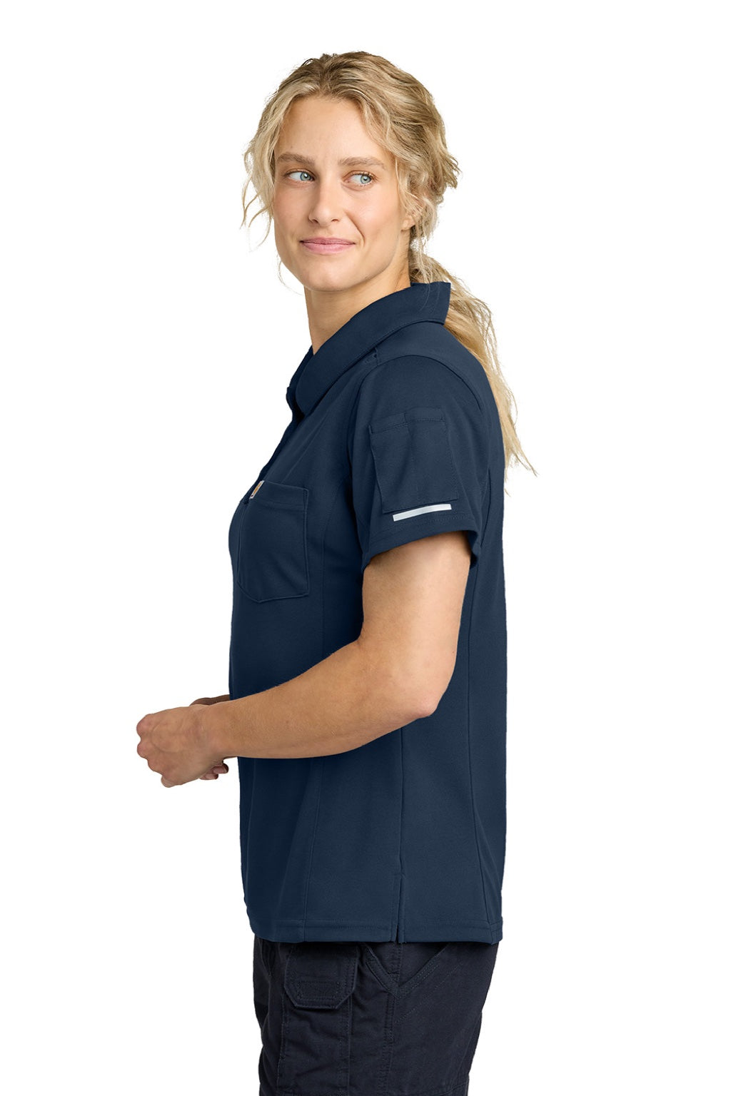 Carhartt CTC12119 Womens FLD & RSCU Short Sleeve Polo Shirt w/ Pocket Dark Navy Blue Model Side