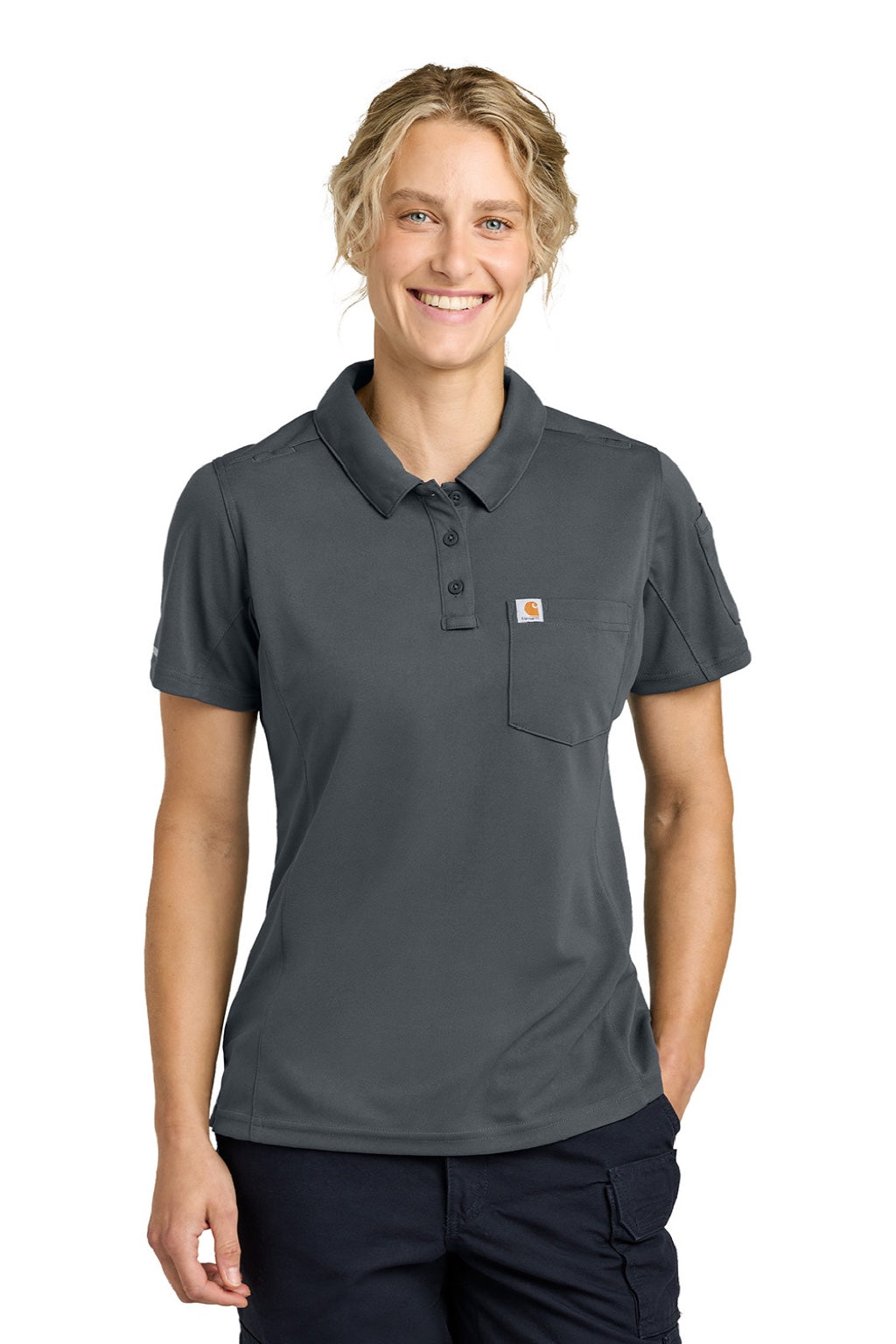 Carhartt CTC12119 Womens FLD & RSCU Short Sleeve Polo Shirt w/ Pocket Pewter Grey Model Front