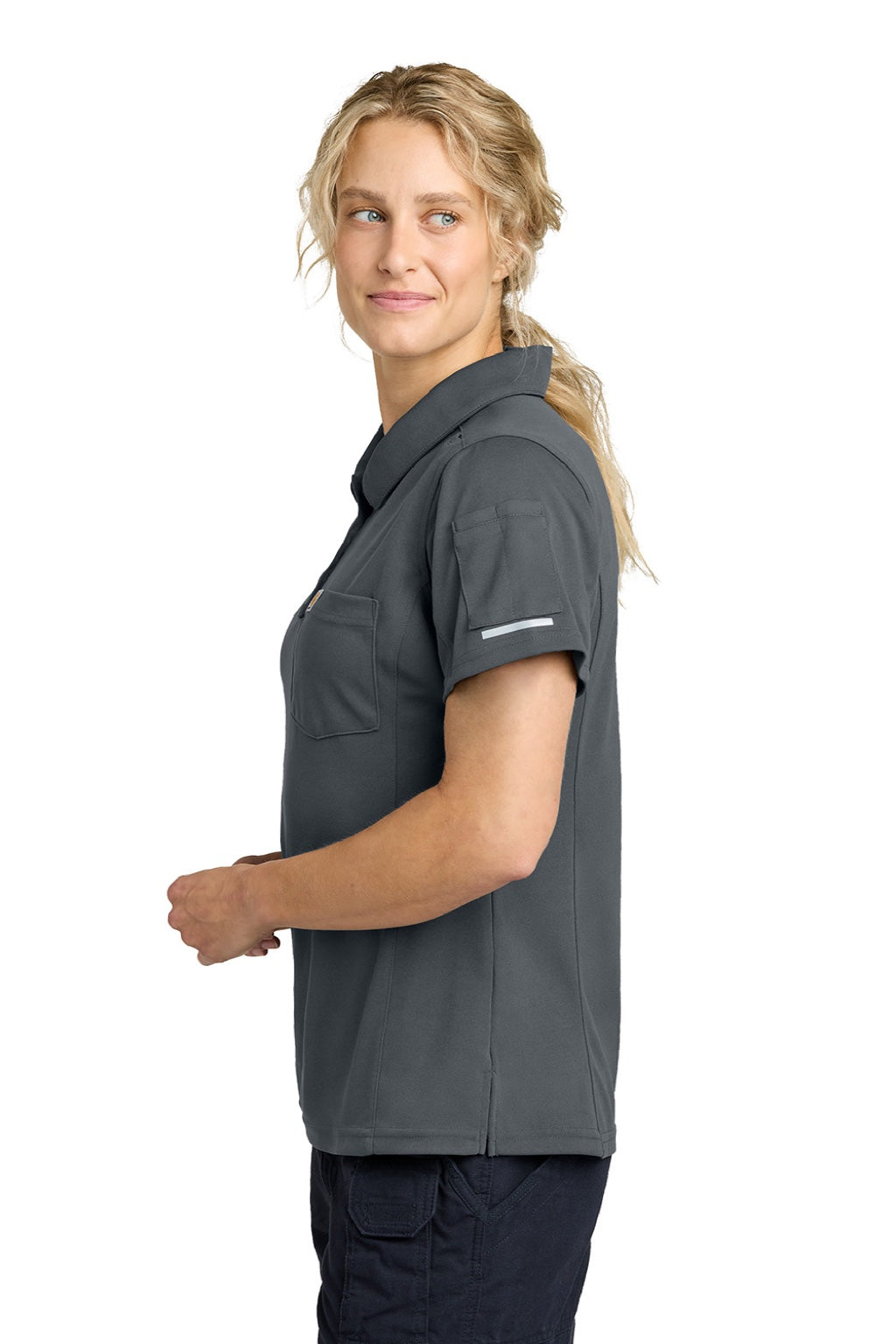 Carhartt CTC12119 Womens FLD & RSCU Short Sleeve Polo Shirt w/ Pocket Pewter Grey Model Side
