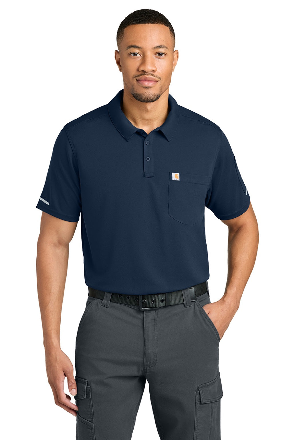 Carhartt CTC16119 Mens FLD & RSCU Short Sleeve Polo Shirt w/ Pocket Dark Navy Blue Model Front