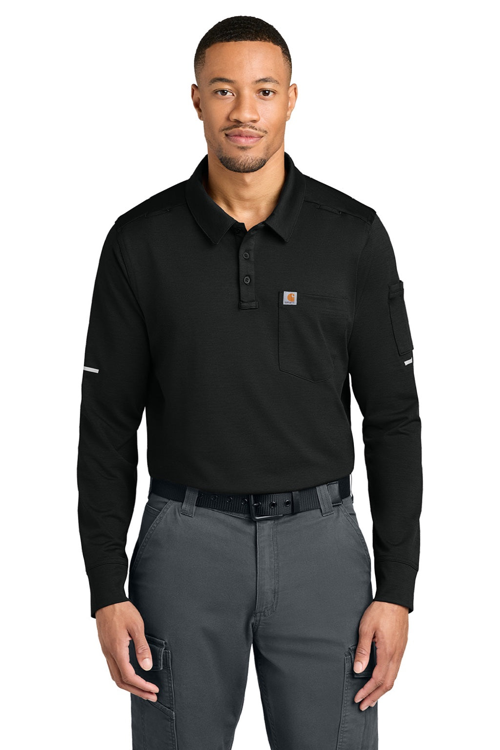 Carhartt CTC16129 Mens FLD & RSCU Long Sleeve Polo Shirt w/ Pocket Black Model Front