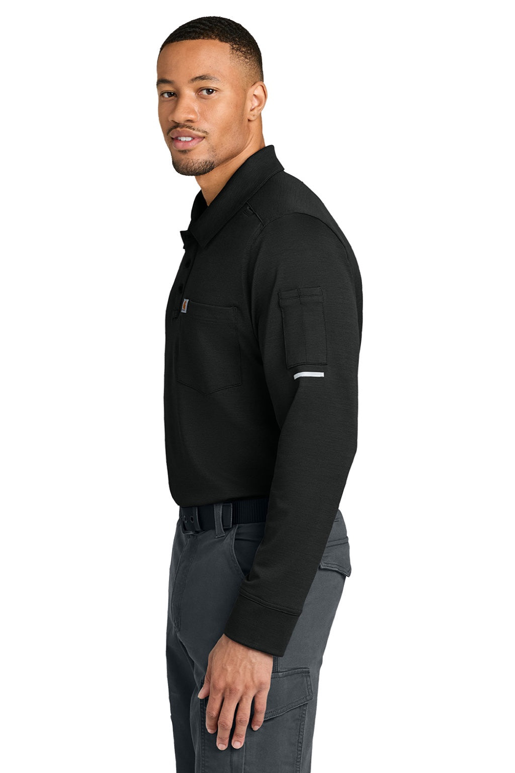 Carhartt CTC16129 Mens FLD & RSCU Long Sleeve Polo Shirt w/ Pocket Black Model Side