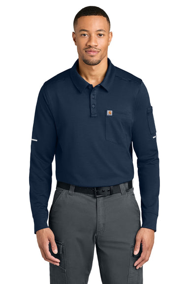 Carhartt CTC16129 Mens FLD & RSCU Long Sleeve Polo Shirt w/ Pocket Dark Navy Blue Model Front