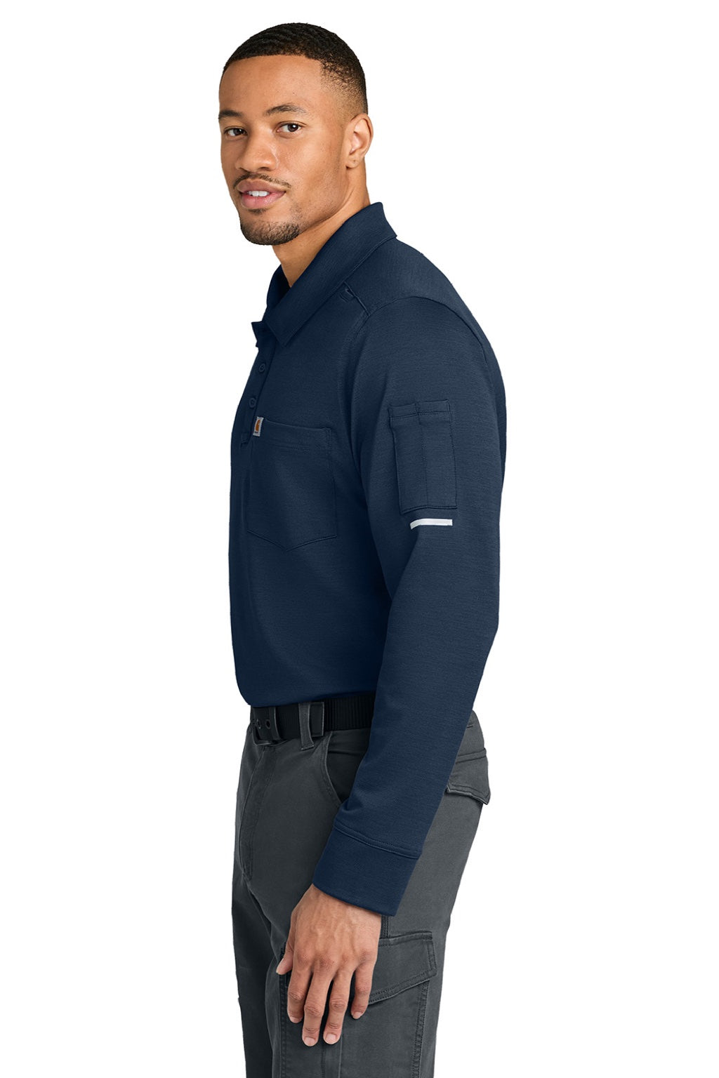 Carhartt CTC16129 Mens FLD & RSCU Long Sleeve Polo Shirt w/ Pocket Dark Navy Blue Model Side
