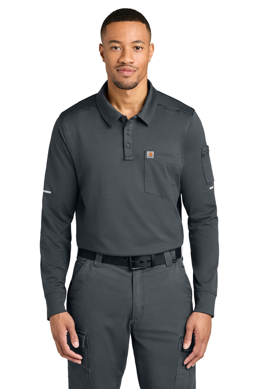 Carhartt CTC16129 Mens FLD & RSCU Long Sleeve Polo Shirt w/ Pocket Pewter Grey Model Front