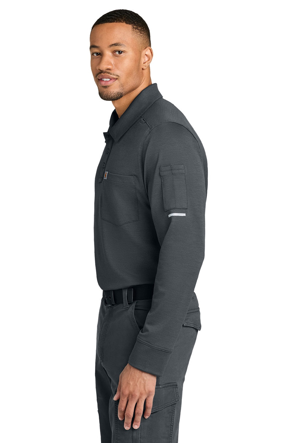 Carhartt CTC16129 Mens FLD & RSCU Long Sleeve Polo Shirt w/ Pocket Pewter Grey Model Side
