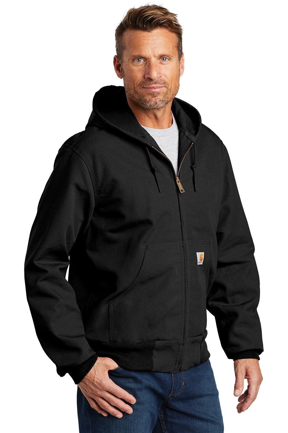 Carhartt CTJ131/CTTJ131 Mens Wind & Water Resistant Duck Cloth Full Zip Hooded Work Jacket Black Model 3Q