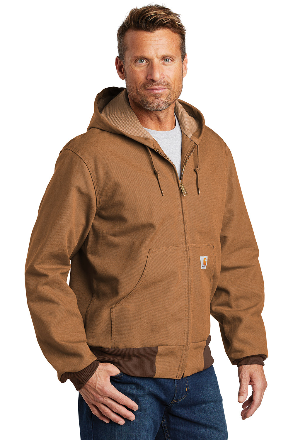 Carhartt CTJ131/CTTJ131 Mens Wind & Water Resistant Duck Cloth Full Zip Hooded Work Jacket Carhartt Brown Model 3Q