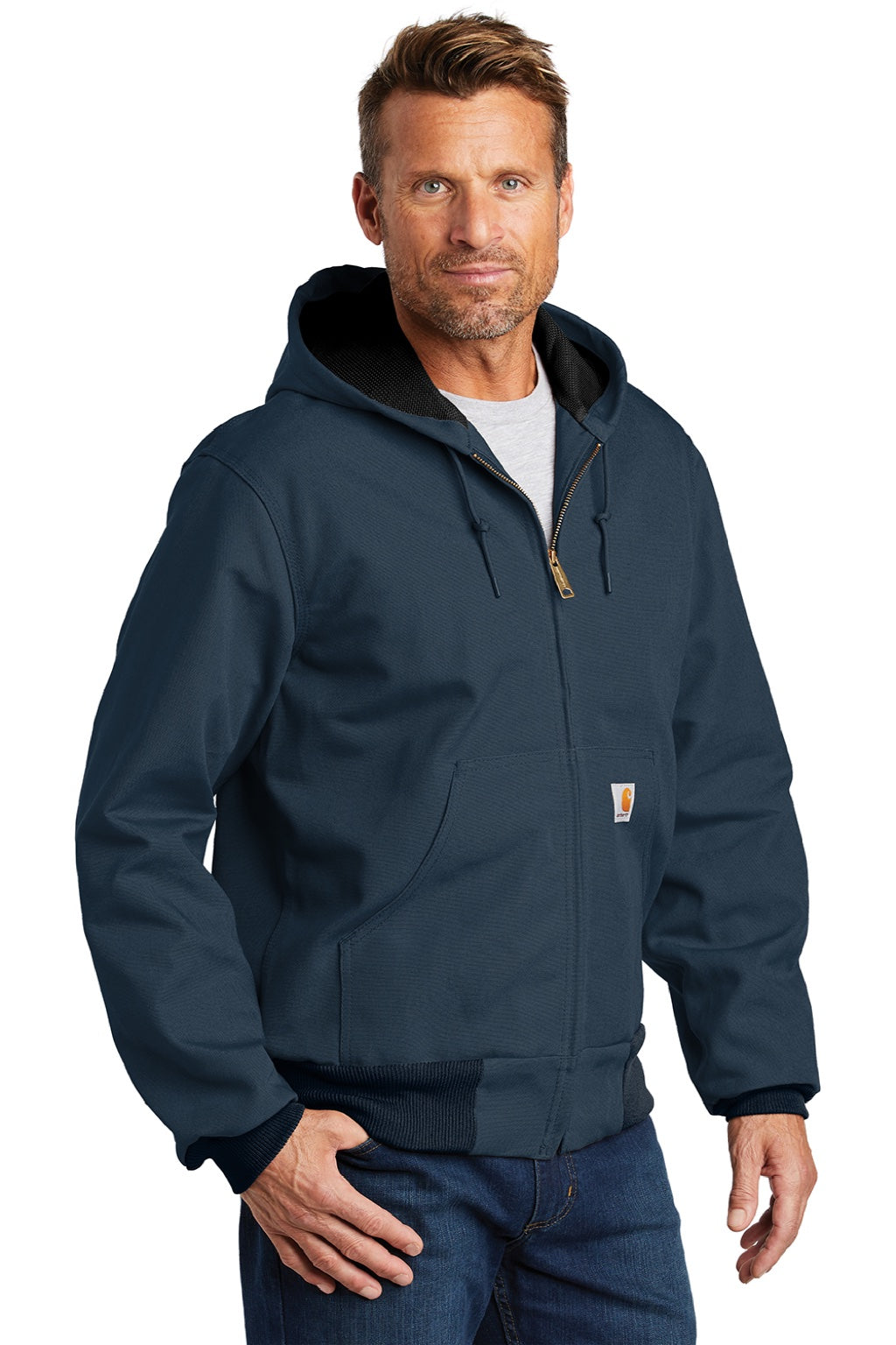 Carhartt CTJ131/CTTJ131/CT106678/CTT106678 Mens Wind & Water Resistant Duck Cloth Full Zip Hooded Work Jacket Navy Blue Model 3Q