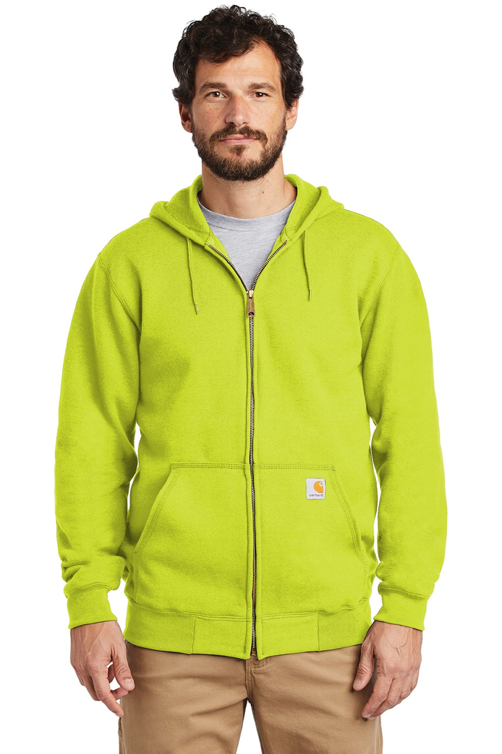 Carhartt CTK122 Mens Full Zip Hooded Sweatshirt Hoodie w/ Pockets Brite Lime Green Model Front