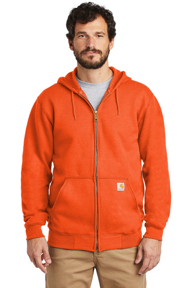 Carhartt CTK122 Mens Full Zip Hooded Sweatshirt Hoodie w/ Pockets Brite Orange Model Front
