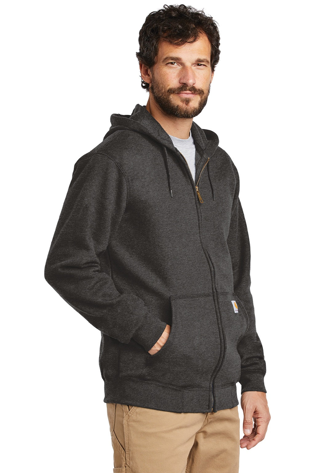 Carhartt CTK122 Mens Full Zip Hooded Sweatshirt Hoodie w/ Pockets Heather Carbon Grey Model 3Q