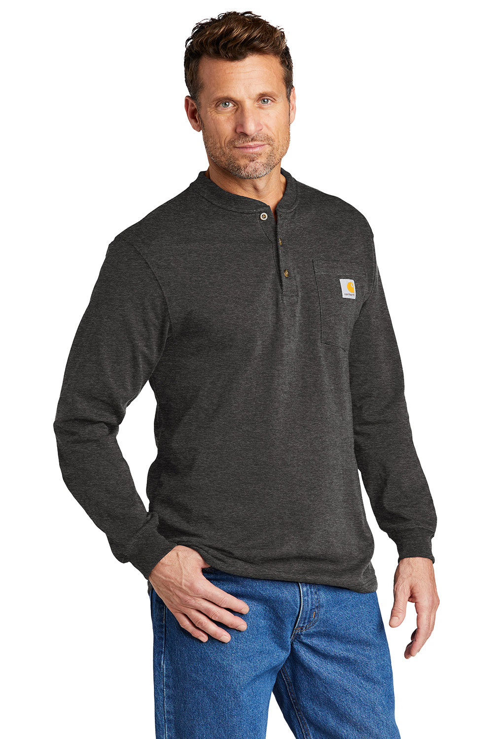 Carhartt CTK128 Mens Long Sleeve Henley T-Shirt w/ Pocket Heather Carbon Grey Model 3Q