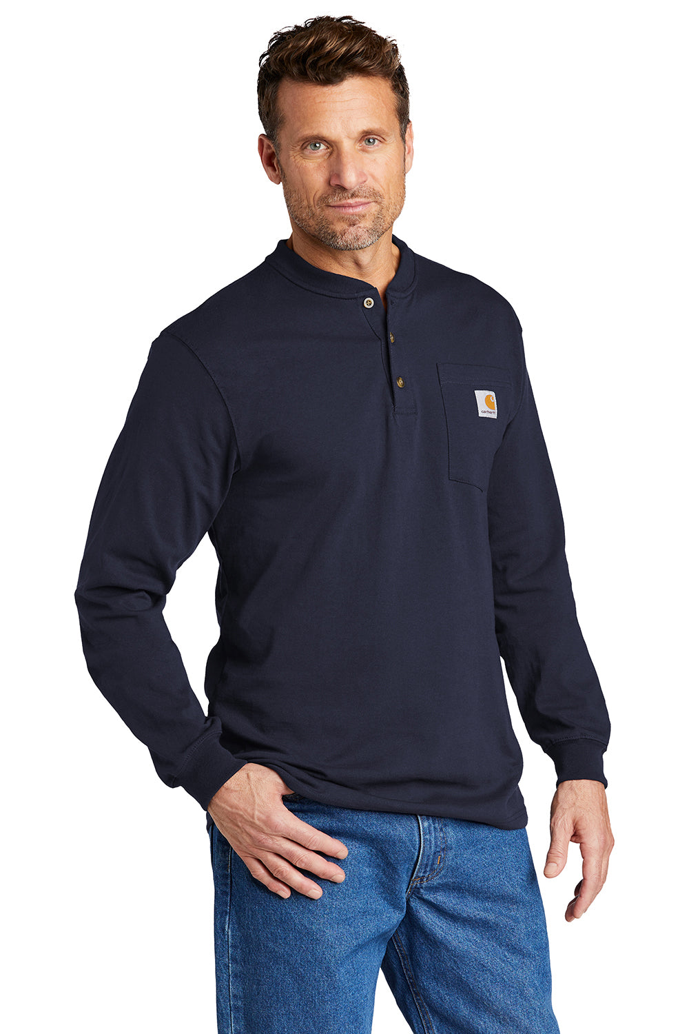 Carhartt CTK128 Mens Long Sleeve Henley T-Shirt w/ Pocket Navy Blue Model 3Q