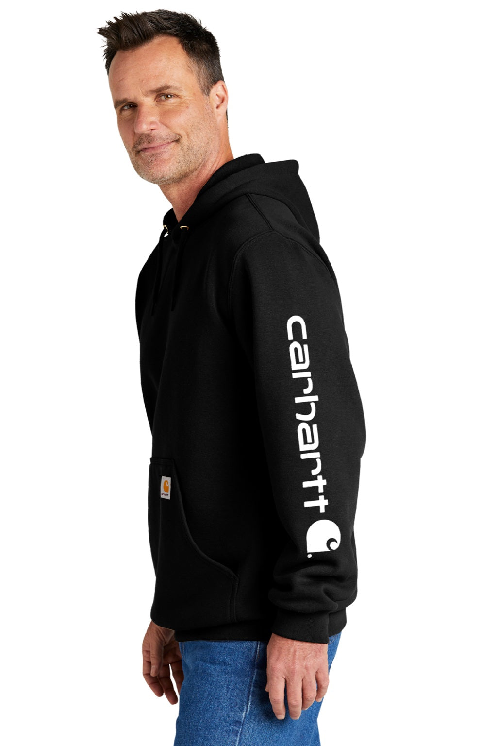 Carhartt CTK288 Mens Hooded Sweatshirt Hoodie w/ Pouch Pocket Black Model Side