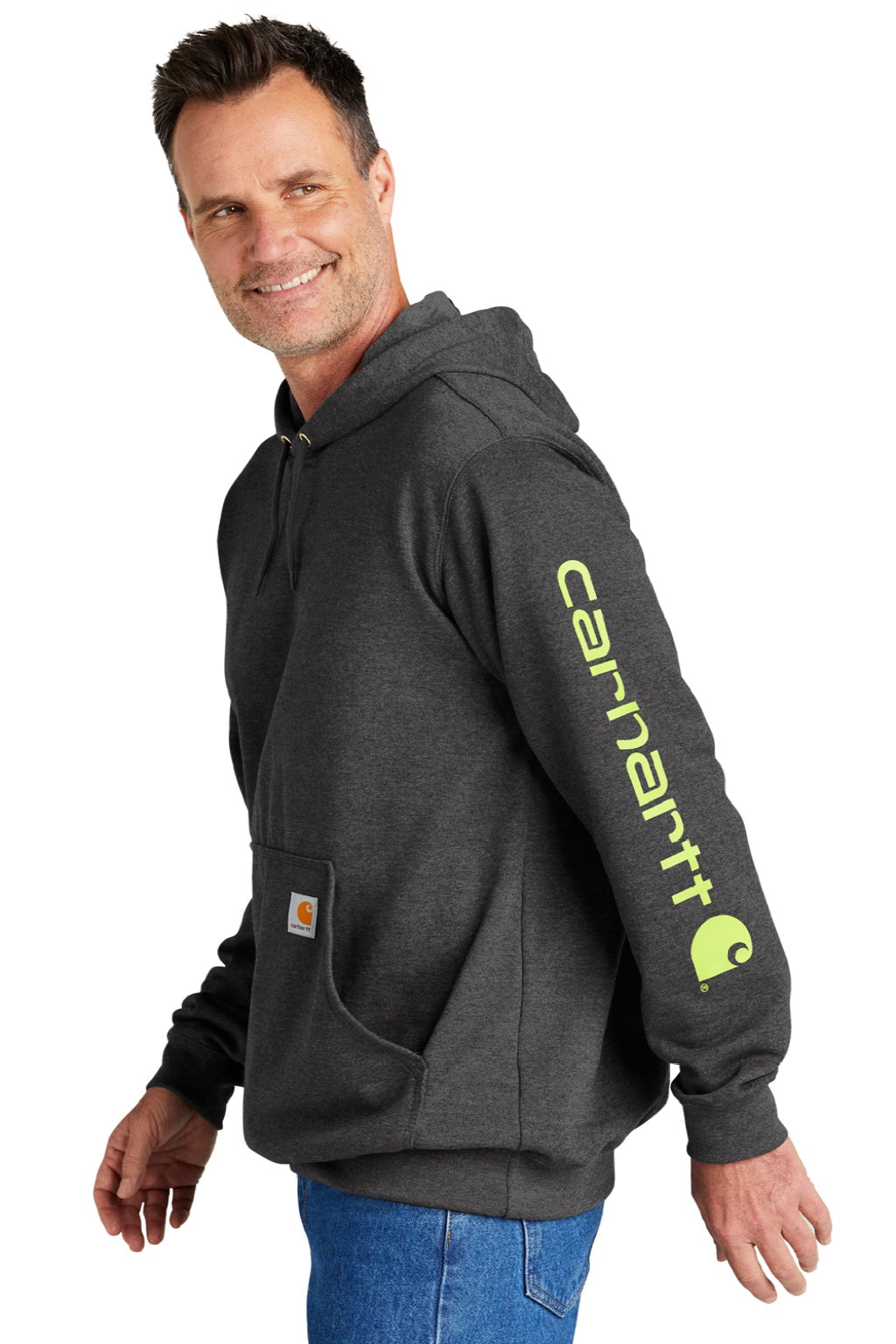 Carhartt CTK288 Mens Hooded Sweatshirt Hoodie w/ Pouch Pocket Heather Carbon Grey Model Side
