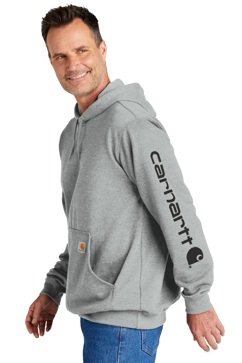 Carhartt CTK288 Mens Hooded Sweatshirt Hoodie w/ Pouch Pocket Heather Grey Model Side