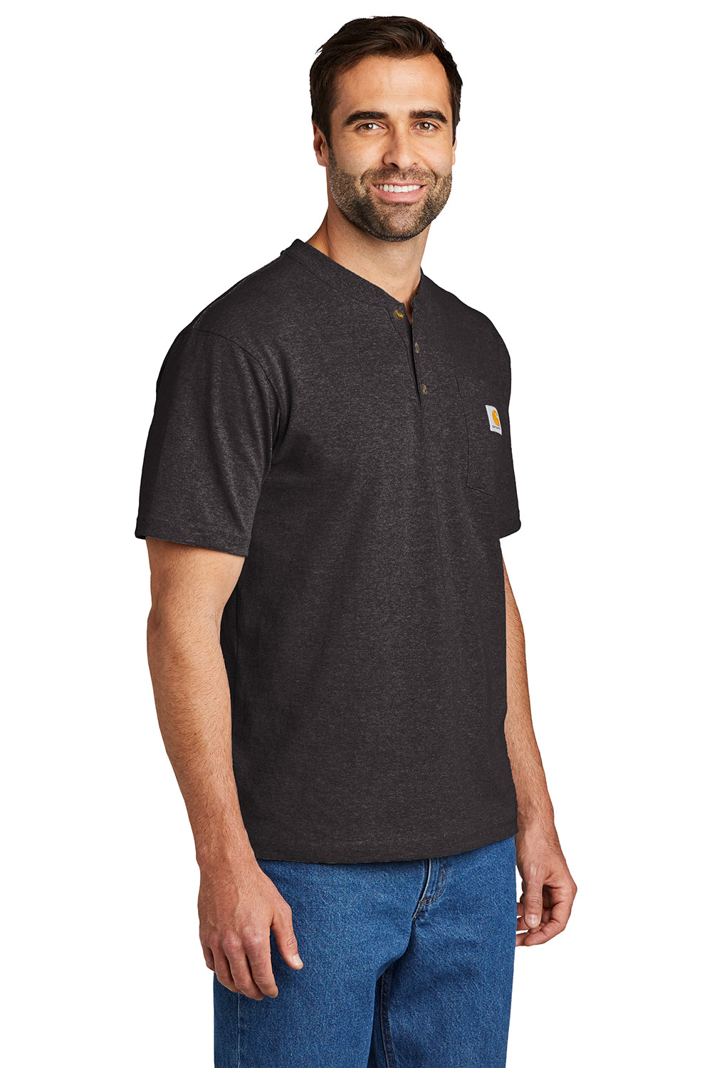 Carhartt CTK84 Mens Short Sleeve Henley T-Shirt w/ Pocket Heather Carbon Grey Model 3Q